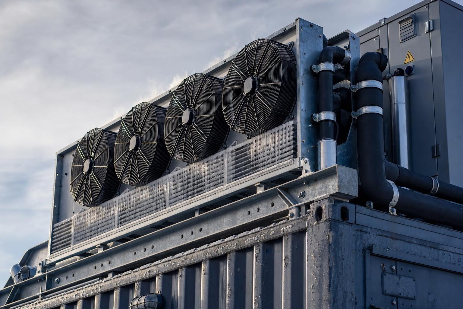 Close view of the rooftop cooling plant on a container data centre: four large axial condenser fans, finned heat exchanger coils and insulated refrigerant lines on a galvanized steel frame.