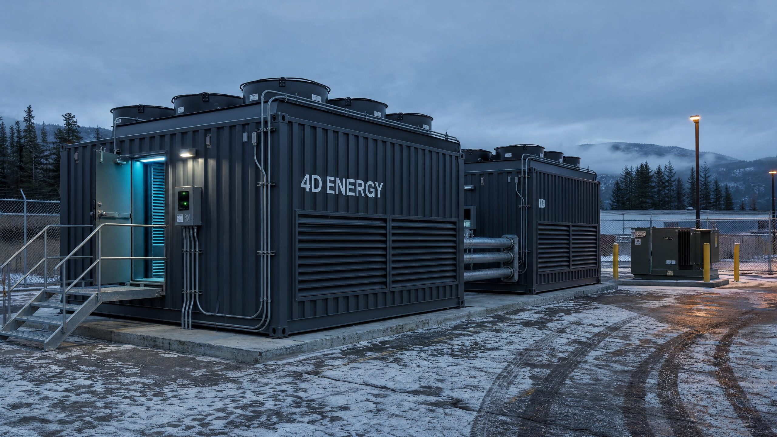 Two charcoal shipping-container data centre modules on a concrete pad in a fenced compound at dusk, with rooftop condenser fans and a padmount transformer.