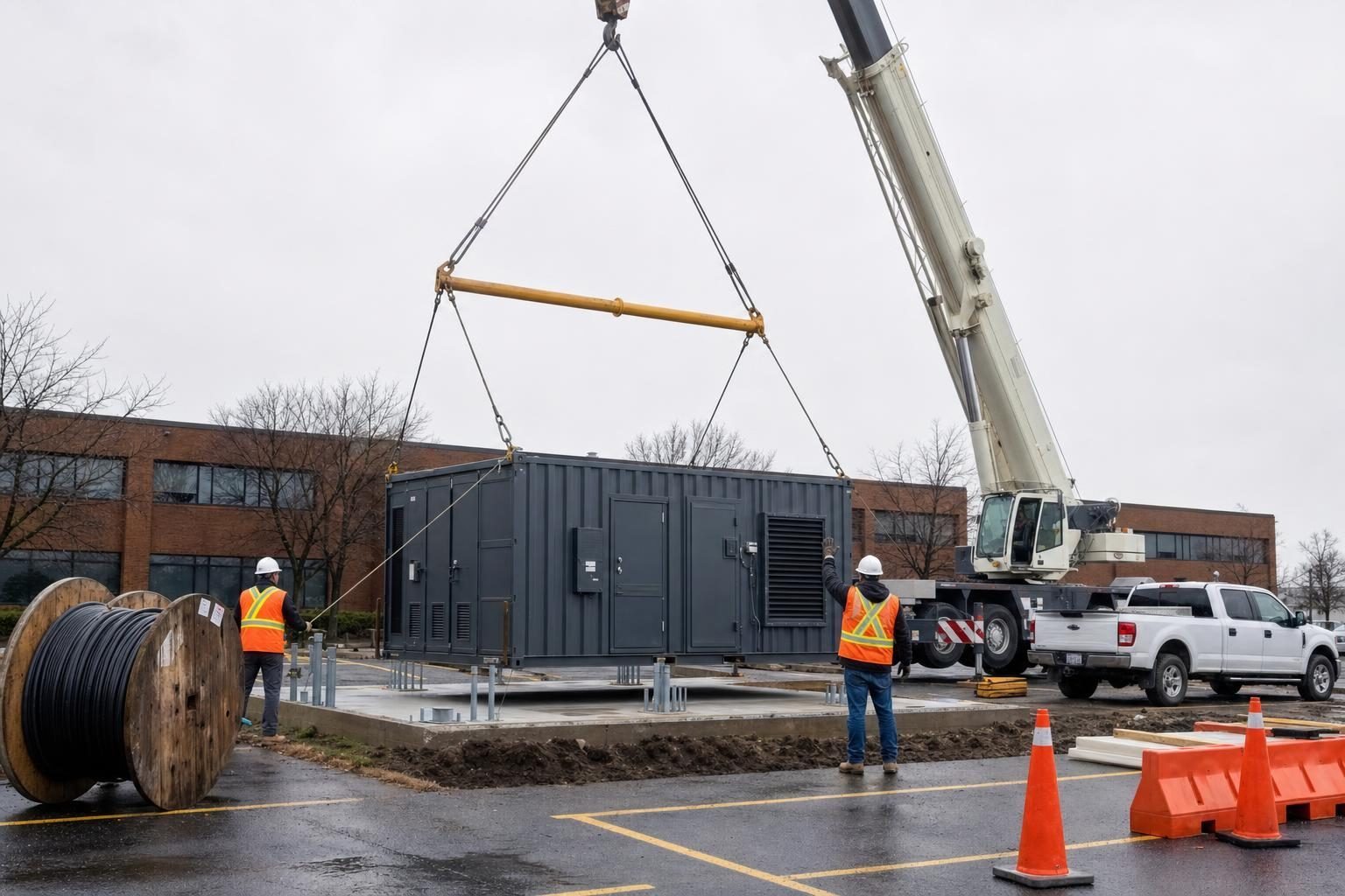 A mobile crane lowering a charcoal container data centre module onto a freshly poured concrete pad in a commercial parking lot, with two workers in hi-vis vests guiding it into place.