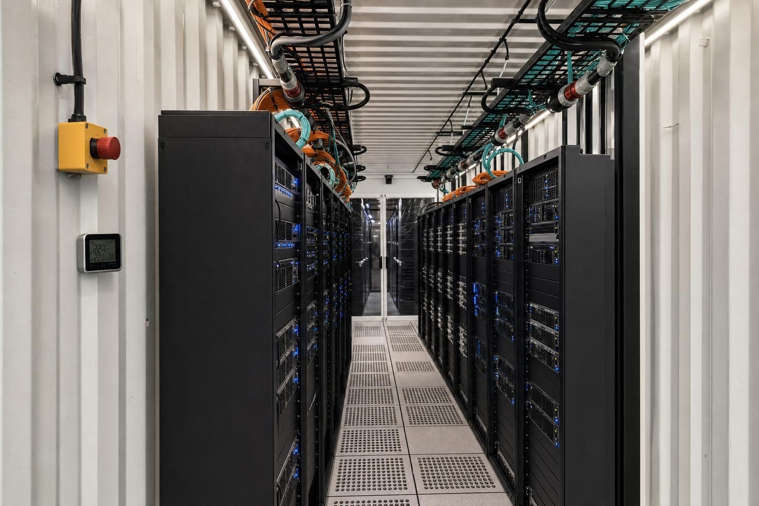 The cold aisle inside a container data centre, with two facing rows of black server racks, blue status lights and orange and aqua fibre routed through overhead trays.