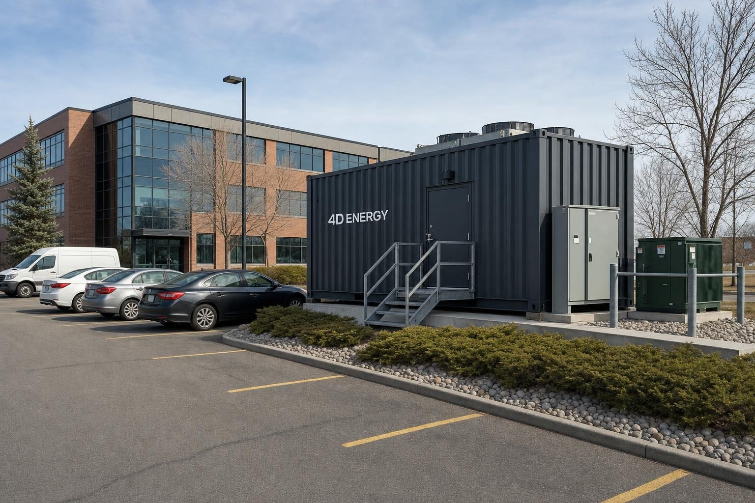 A single charcoal 4D Energy container data centre installed on a concrete pad at the edge of an office park parking lot, beside parked cars, an electrical cabinet and a padmount transformer.